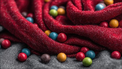 Red fabric draped around colorful candy