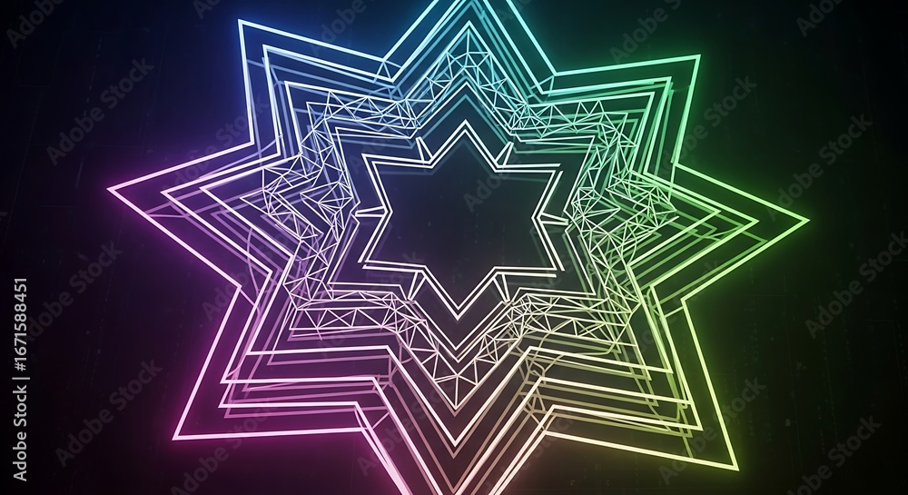 Poster abstract neon glowing star tunnel. futuristic digital geometric wireframe vortex background with gra