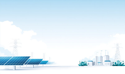 Fototapeta premium Solar power plant with rows of photovoltaic panels under bright blue sky clean renewable energy sustainable technology landscape. generative aI