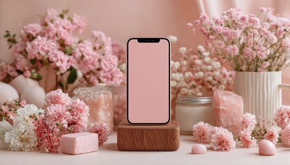 Pink floral still life with smartphone