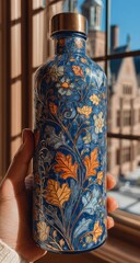 Ornate blue glass bottle with floral design held by a hand near a window