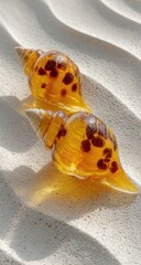 Two amber seashells rest on wavy sand, sunlight highlighting their translucent texture and dark spots