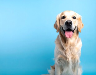 Happy golden retriever against a vibrant blue background