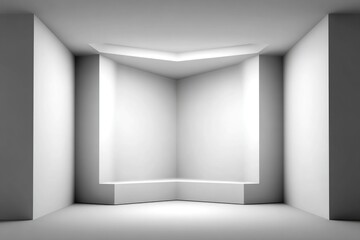 Obraz premium Abstract white room, a corner niche with geometric shapes. A simple platform and lighting create stark contrast