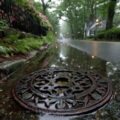 Ornate manhole cover reflects street after rain