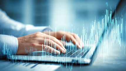 A professional utilizes a laptop, overlaid with a dynamic visualization of data streams and rising bar graphs, representing analysis and technological advancement.
