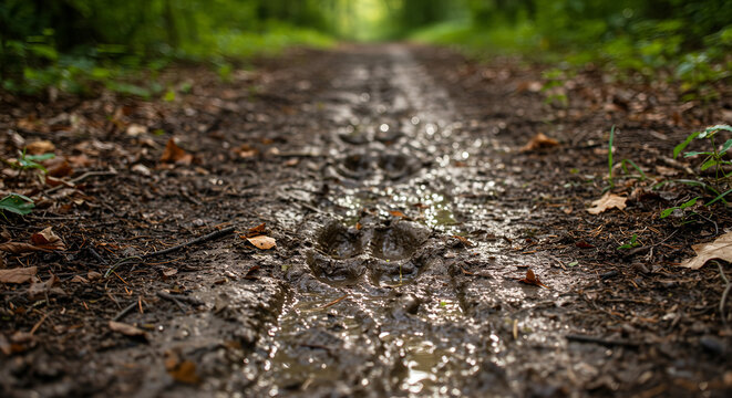Animal tracks on muddy trail in forest with blurred background  