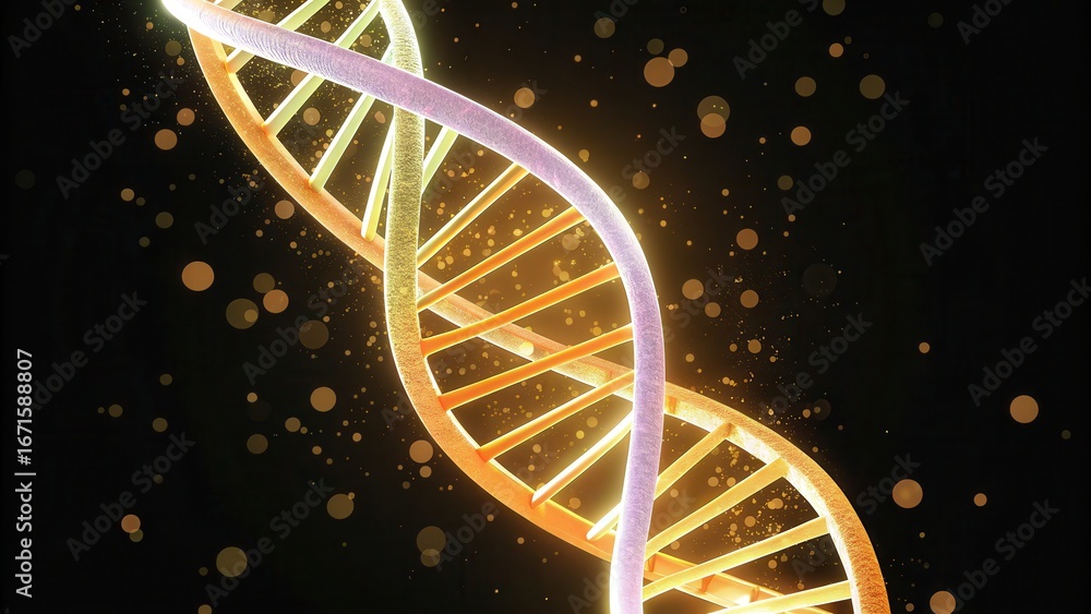 Poster neon genome mapping abstract dna helix with glowing elements and bubbles against a dark background.