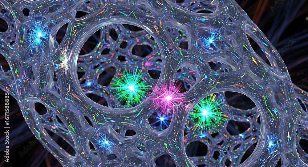 Aufkleber abstract luminous transparent network structure with colorful light bursts and iridescent reflection