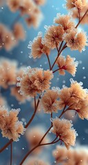 Frost-covered delicate flowers on slender branches against a soft blue background