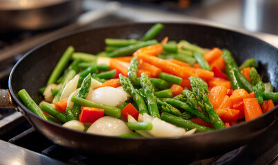 Fresh colorful vegetable stir fry with asparagus carrots onions and red bell peppers cooking in skillet healthy vibrant meal. generative aI
