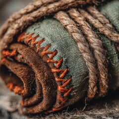 Rolled fabric wrapped in rope and leather