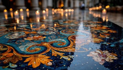 Ornate mosaic floor reflecting candlelight