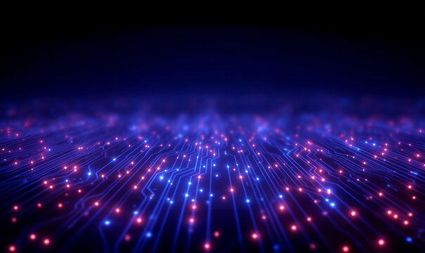 Futuristic digital circuit board with glowing blue and purple lights high tech data network abstract visualization of electronic signals. generative aI