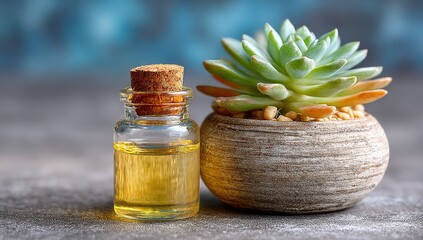 Small glass bottle of yellow oil beside a potted succulent
