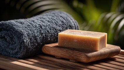 Tan bar soap on wooden dish beside rolled towel