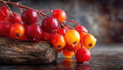 A branch of vibrant red and orange berries, glistening with water droplets, rests on dark wood
