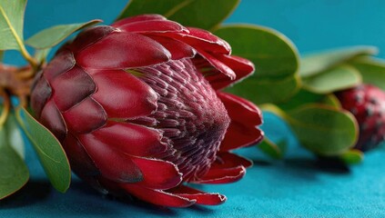 Close-up of a dark red protea flower with green leaves against a teal background