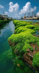 Vibrant green moss thrives along a calm waterway, industrial background blurred