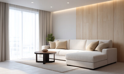 Fototapeta premium Modern cozy living room with beige sofa wooden accent wall natural light minimalist stylish interior design peaceful atmosphere. generative aI