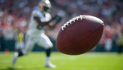 American football player in motion, poised to catch a football flying through the air.