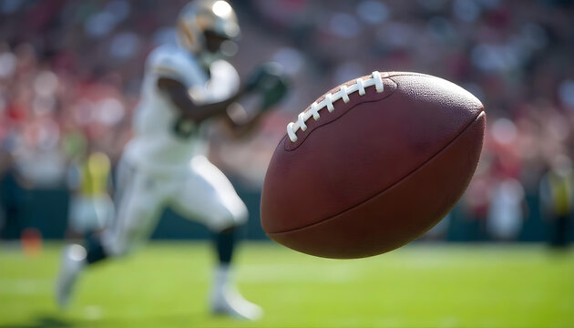 American football player in motion, poised to catch a football flying through the air.