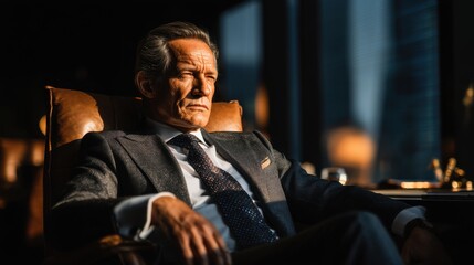 A contemplative businessman in a luxurious office, basking in warm sunlight, reflecting on decisions