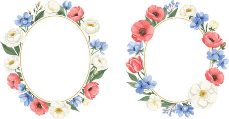 Two oval floral wreaths with colorful flowers and green leaves on white background on transparent background
