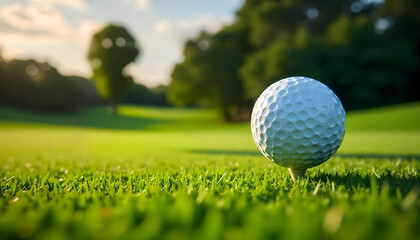 Obraz premium Close-up of a golf ball on a tee, poised for a hit against a blurred green course and trees at sunset, with a warm, golden light.