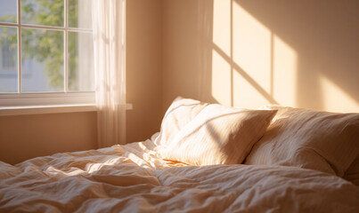 Fototapeta premium Warm sunlight softly illuminating cozy bed with wrinkled beige pillows and comforter peaceful morning calm bedroom interior natural light. generative aI