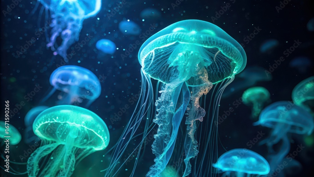 Poster neon life form design glowing jellyfish float gracefully in dark waters, creating a mesmerizing unde