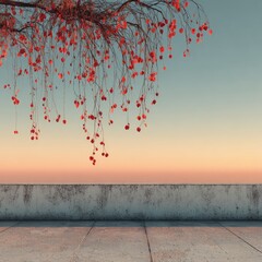 Weathered wall, sunset backdrop, red berries hang from barren branches
