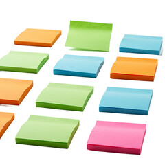 A collection of brightly colored sticky notes arranged in a grid pattern isolated on transparent background