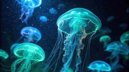 Fototapeta premium neon life form design Glowing jellyfish float gracefully in dark waters, creating a mesmerizing underwater scene.