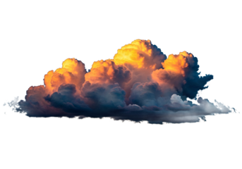 Dramatic cumulonimbus cloud formation illuminated by golden hour sunset light isolated on transparent background