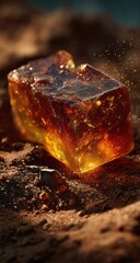 Luminous amber chunk rests on dark earth, glowing