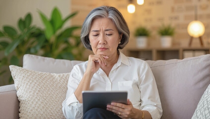 Senior woman looking worried while using tablet
