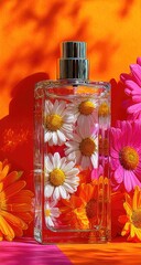 Clear glass perfume bottle with daisies, vibrant orange and pink background