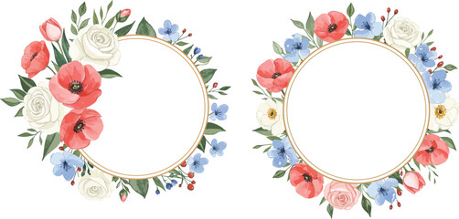 Watercolor floral wreaths with roses poppies and blue flowers on white background on transparent background