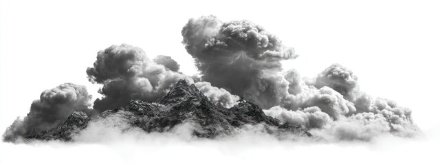 Mountain peaks barely visible under thick, billowing clouds in grayscale