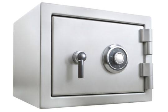 Silver metal safe with combination lock and handle isolated on a transparent background 1 - Powered by Adobe