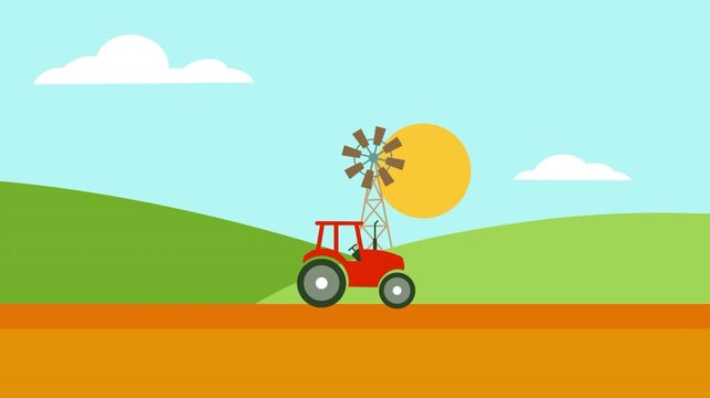 Rural Farm Scene: A Red Tractor and a Windmill on a Sunny Day in the Countryside