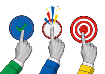 Three hands with fingers pointing at different icons representing choices success and goals isolated on transparent background