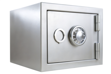 Silver metal safe with combination lock and handle isolated on a transparent background