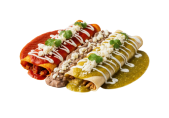 Plate of "Enchiladas Divorciadas" with salsa roja, salsa verde, refried beans, cotija, crema, cilantro, on transparent background, soft studio light, appetizing culinary artistry