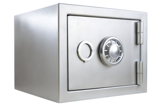 Silver metal safe with combination lock and handle isolated on a transparent background