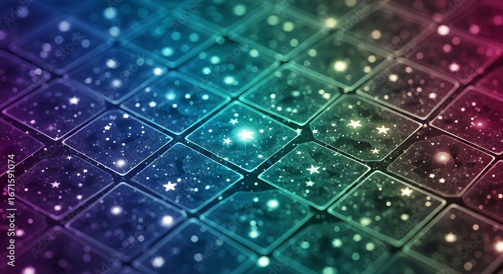 Poster abstract digital background with glowing stars and bokeh lights on a colorful gradient grid of trans