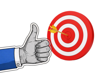 Hand giving a thumbs up gesture next to a bullseye target with an arrow hitting the center isolated on transparent background