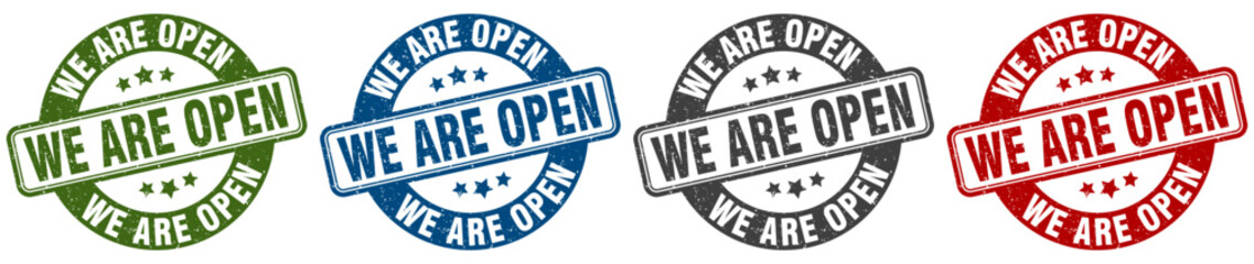 we are open stamp. we are open round stamp set isolated on white background