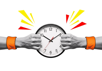 Man s hands in orange wristbands gripping a clock with radiating lines suggesting urgency isolated on transparent background